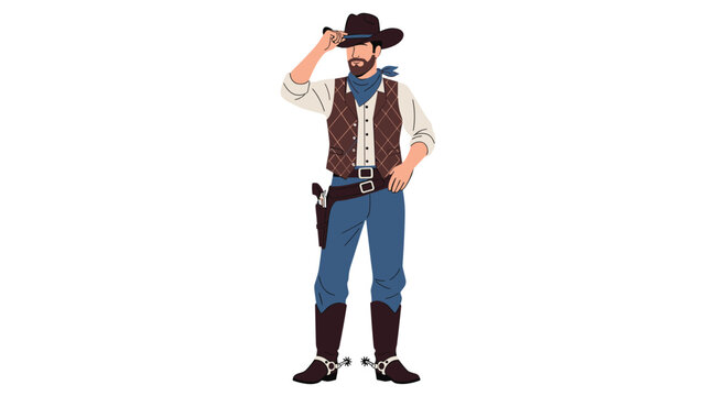 Handsome cowboy wearing a traditional brown hat a vest and boots with spurs posing confidently with his hand on a leather gun holster.