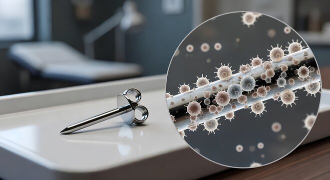 Conceptual image of an earring stud and a large, magnified hepatitis b virus in a piercing studio, ideal for hygiene campaigns, tattoo and piercing safety, and healthcare training