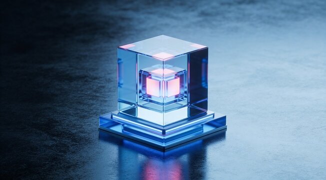 Confidential computing and enterprise cybersecurity background with glass prism protecting a luminous core on dark reflective surface, ideal for cloud security, zero trust and data protection