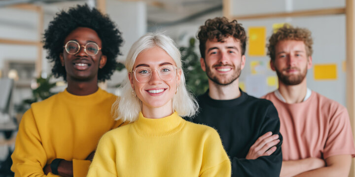Diverse group of smiling young professionals in modern coworking office