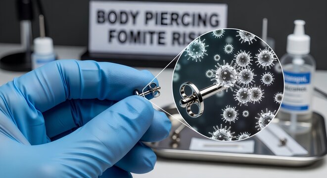 Close-up of a piercing earring with a floating 3d model of hbv (hepatitis b virus) seen through a magnifying glass on a salon counter, perfect for bloodborne pathogen education