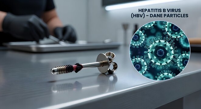 Ear piercing stud and gun shown alongside a magnified hepatitis b virus particle in a salon setting, representing infection risk and piercing safety awareness