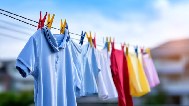 Colorful Garments Hanging on a Laundry Line Against a Bright Sky