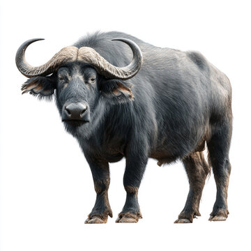 A portrait of a Cape buffalo standing against a solid white background. It features realistic dark fur textures and prominent, curved horns with a front-facing gaze.
