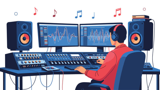 Professional music producer in red sweater and headphones works at a large mixing console with multiple computer screens in a studio.