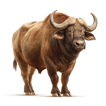A portrait of a Cape buffalo standing against a solid white background. It features realistic dark fur textures and prominent, curved horns with a front-facing gaze.
