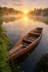 Obraz premium A wooden boat floats on a misty river at sunrise, surrounded by lush green forest trees.