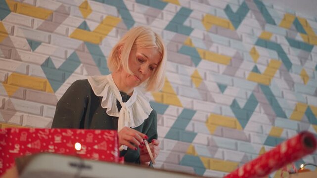 Caucasian woman wrapping christmas present at table, cozy indoor studio setting with geometric brick wall backdrop, focused hands smoothing red patterned paper, vintage lace collar outfit, roll