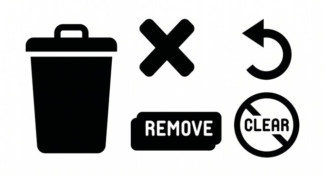 Delete function solid icon set with trash bin cross and undo arrow flat vector