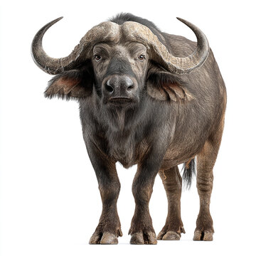 A portrait of a Cape buffalo standing against a solid white background. It features realistic dark fur textures and prominent, curved horns with a front-facing gaze.
