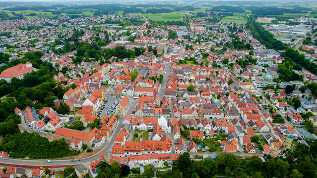 Aerial view of the old town and city Friedberg in Germany, Bavaria on a sunny afternoon spring day