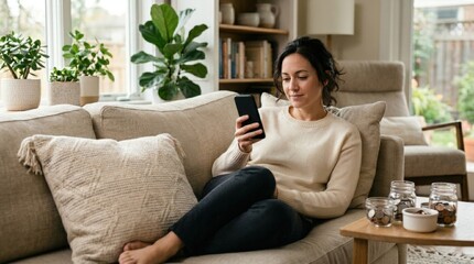 Obraz premium Woman relaxing on sofa and checking smartphone in cozy living room