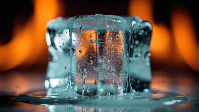 Close up slow-motion video of melting ice cube with water droplets dripping refreshing cold summer