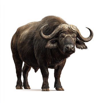 A portrait of a Cape buffalo standing against a solid white background. It features realistic dark fur textures and prominent, curved horns with a front-facing gaze.
