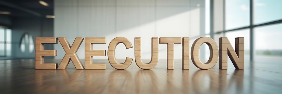 Wooden blocks spelling out the word EXECUTION on a shiny floor in a modern office space