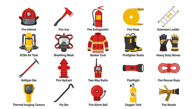 Vector set of firefighting equipment icons with safety gear and tools