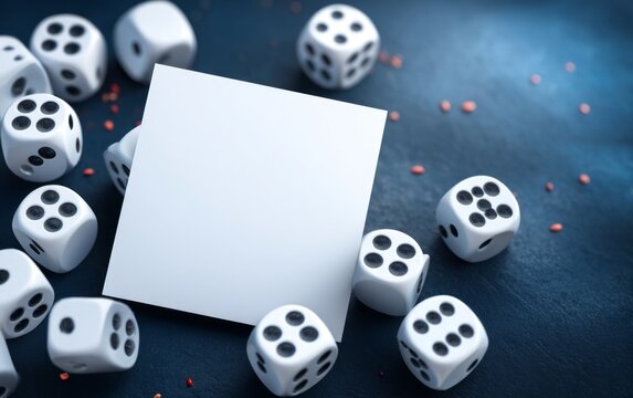 Empty White Card on Dark Navy Background Surrounded by Dice and Colorful Details