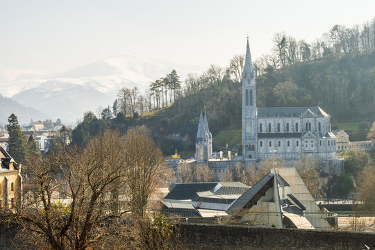 View of the side of the Sanctuary pilgrimage site in Lourdes - France