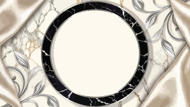 Circular frame with a black marble border on a cream background featuring marble textures, draped beige satin fabric and ornate silver floral swirls.