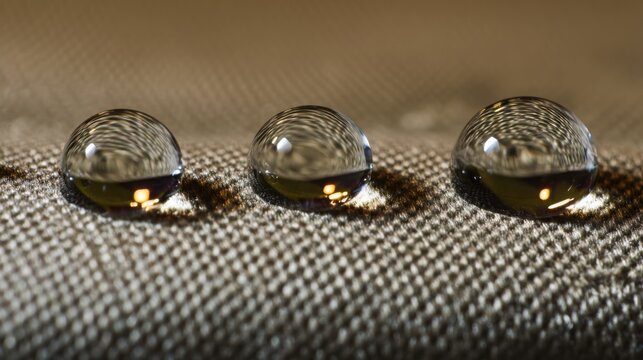 water drops rolling off waterproof fabric dwr coating macro surface tension physics textile detail clean background