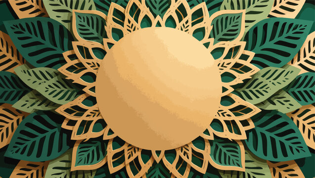 Layered paper cut-out mandala featuring a central beige circle surrounded by intricate golden leaf shapes and deep green layered leaves creating a natural.