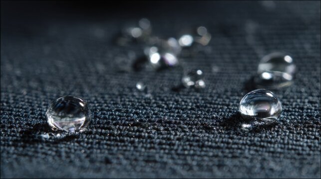 water drops rolling off waterproof fabric dwr coating macro surface tension physics textile detail clean background