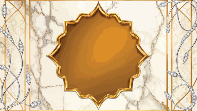 Ornate golden starburst frame with diamond accents on a marble background with gold veins and decorative silver vine.