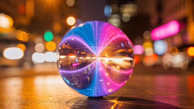 Crystal ball on city street at night reflecting vibrant colorful urban lights and lively cityscape