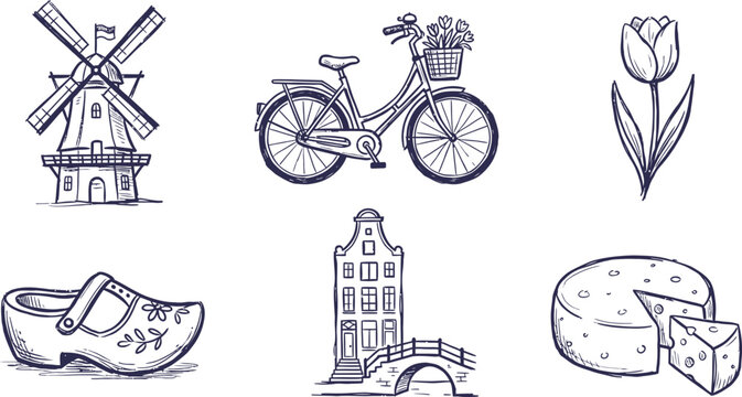 Dutch icons sketch windmill bicycle clogs and cheese silhouette style