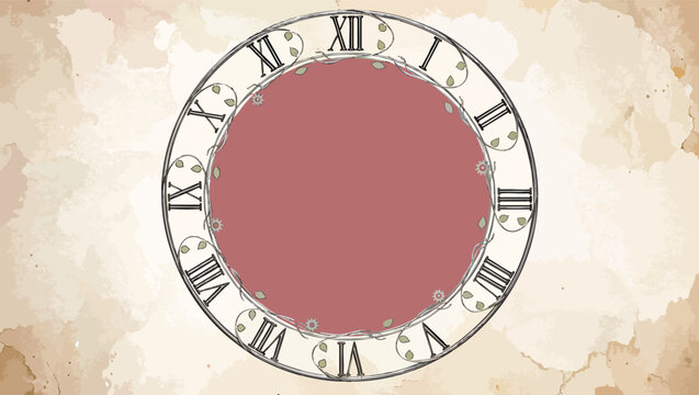 Ornate roman numeral clock face with decorative vines on aged parchment background.