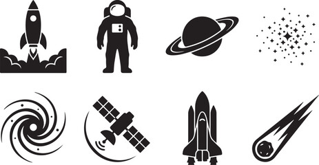 Space icons, rocket ship, astronaut, planet, satellite, vector set © Nayeem