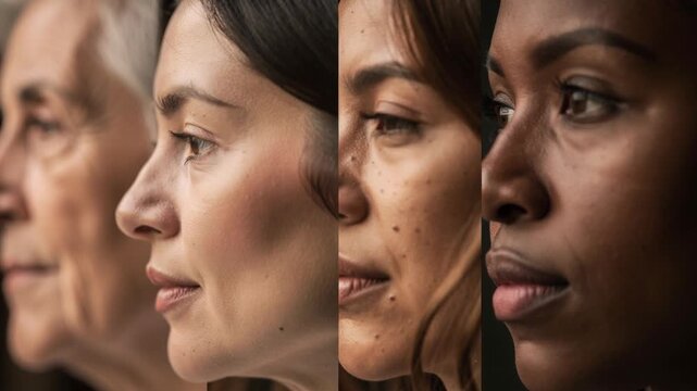 Seamless video transition showcasing diverse beautiful female faces with natural expressions and multicultural beauty