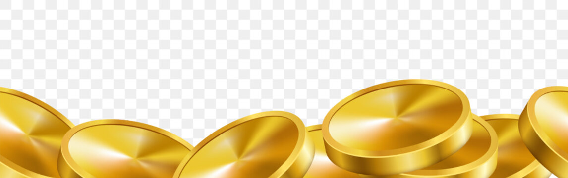 Gold coins seamless border. Set of coins. Vector 3D background.