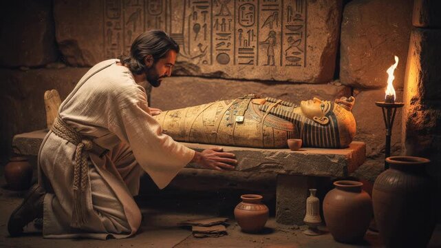 Ancient Egyptian man in traditional robes kneeling beside an elaborately decorated sarcophagus in historic setting
