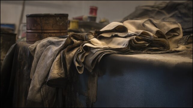 workshop rag absorbing grease texture fabric oil stains realistic industrial scene soft light