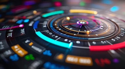 Obraz premium Digital Dashboard with Rotating Radar Scanner and Colorful Interface Elements