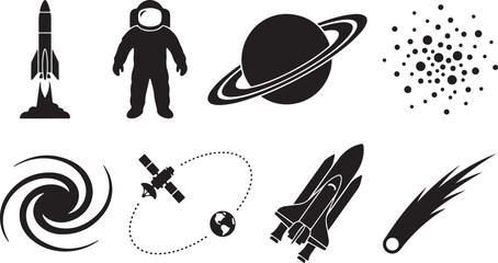 Space icons, astronomy symbols, rocket ship graphics, astronaut illustrations, planetary signs © Nayeem