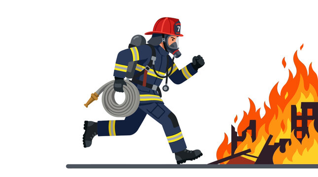 Firefighter rushing towards a blazing fire with hose in hand