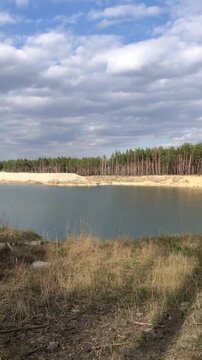Scenic Lake View with White Sand Beach and Pine Forest Under Dramatic Sky