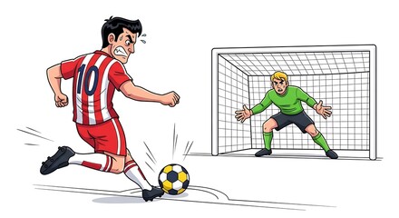 Obraz premium cartoon soccer penalty kick moment with player about to strike ball, focused expression, goalkeeper ready in goal, dynamic tension, isolated on pure white background, centered composition, high detail