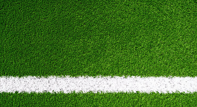 Close-up view of artificial green grass turf texture with a sharp white boundary line artificial background boundary abstract close-up sporting