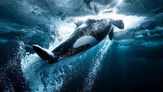 Majestic orca hunting a seal under arctic ice with dramatic underwater light rays for nature documentary wildlife storytelling and cinematic marine education backgrounds