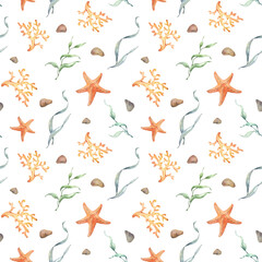 Watercolor seamless pattern of seaweed and pebbles on a white background. Marine themes for fabrics, textiles, posters, wallpapers, covers, prints. © Mila