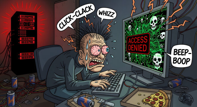 Stressed hacker at computer with access denied screen and messy desk