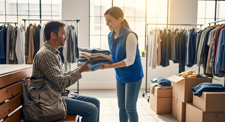 Naklejka premium Female volunteer handing stack of clothing to man in charity shop