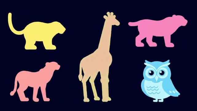 Colorful animal silhouettes against dark background for various projects