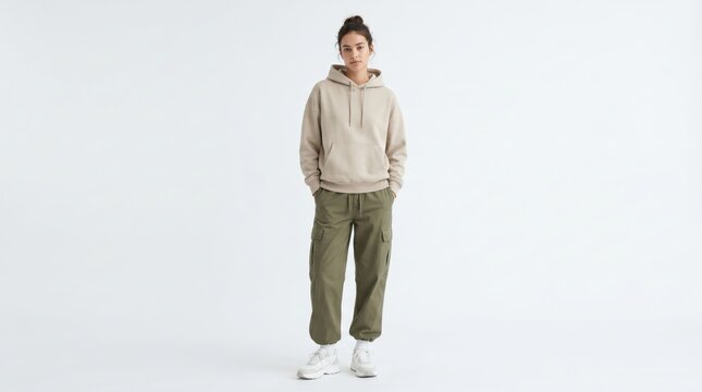 Young woman in comfortable beige hoodie and olive cargo pants, standing against white, showcasing modern casual fashion and relaxed apparel style
