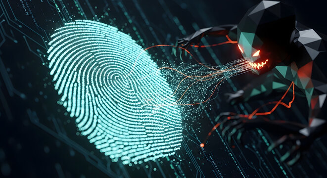 Cyber monster stealing biometric data from a glowing digital fingerprint scanner