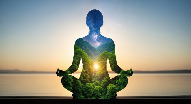 silhouette of meditating person with glowing energy at sunset by tranquil lake