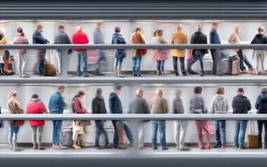 Obraz premium Crowded Waiting Area with Rows of Passengers Silhouetted in Motion